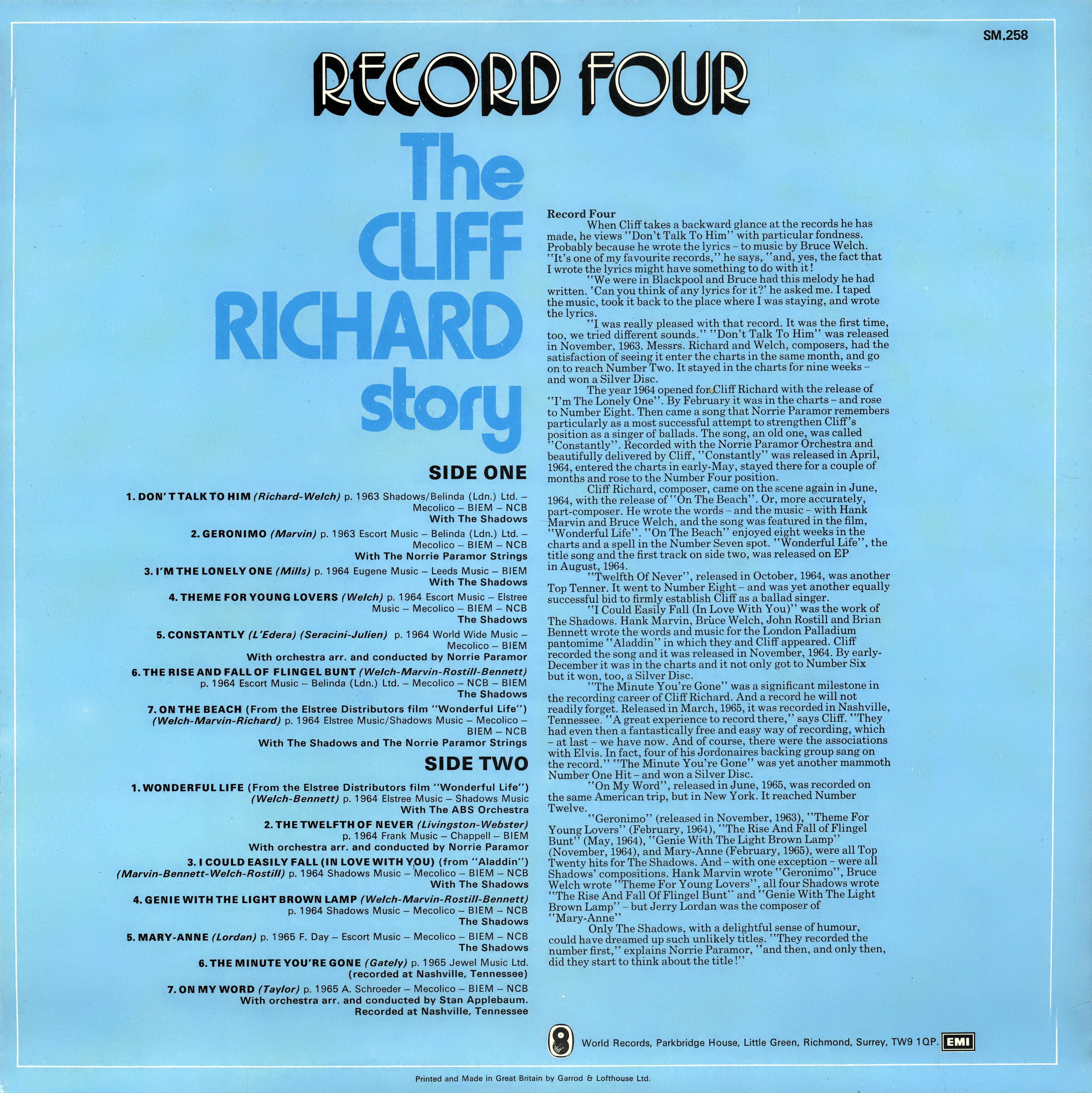 Cliff Richard The Cliff Richard Story : LP Back 4